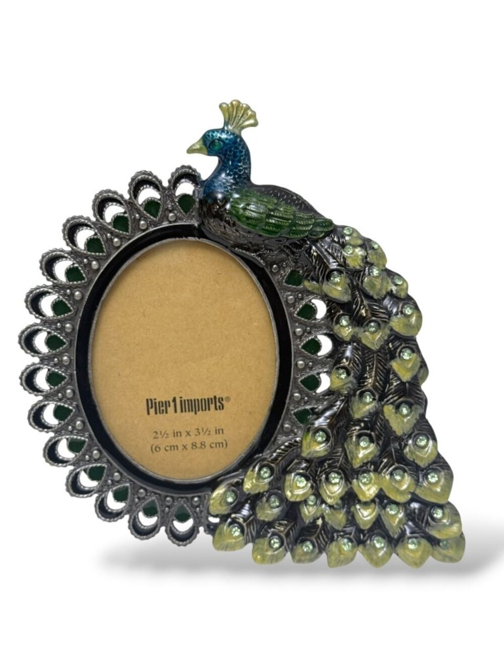 Pier 1 Imports Peacock Enamel Crystal Photo Frame for 2.5 x 3.5 Picture